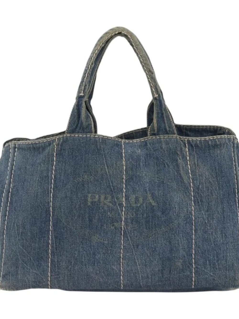 PRADA Canapa GM Hand Bag Denim Blue Gold Auth 173937 - Picture 12 of 16